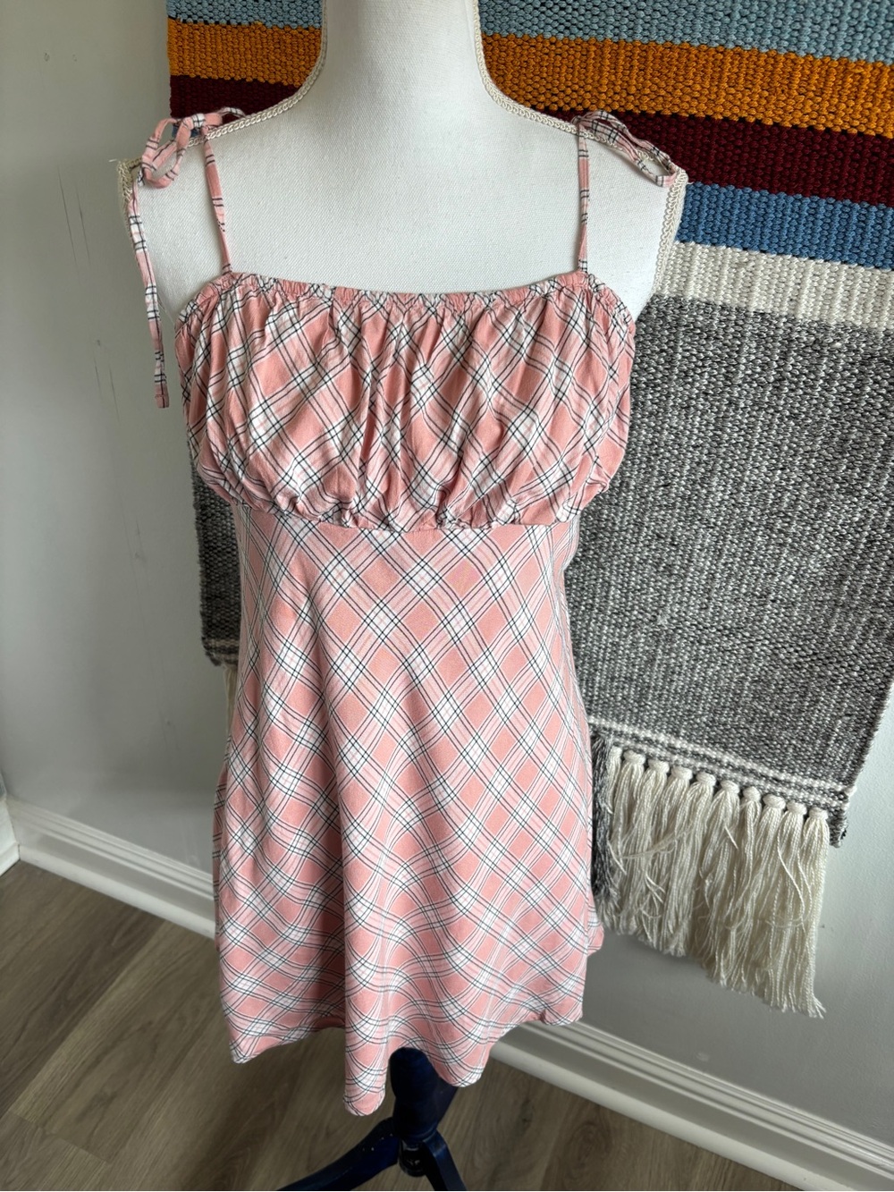 NWT Hollister Pink Plaid Tie-Shoulder Mini Dress